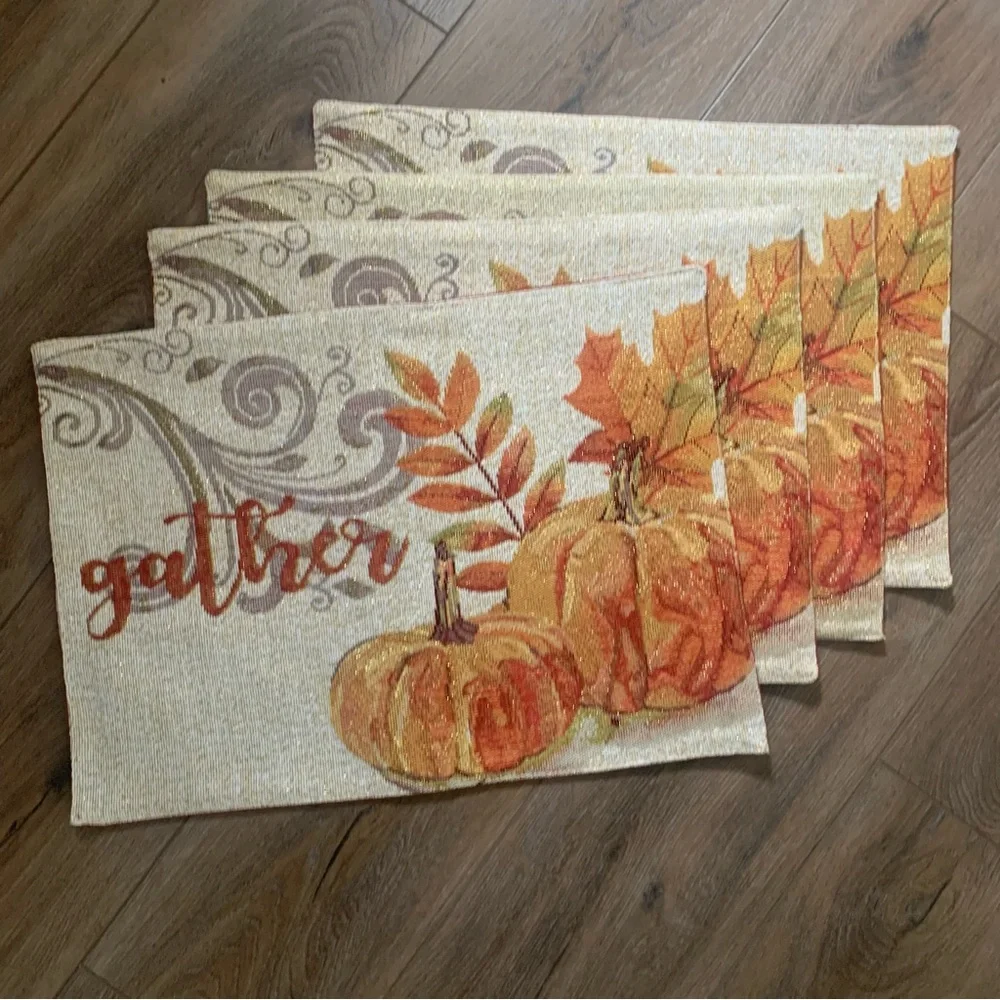 4 Fall Thanksgiving Harvest Placemats - Orange  Leaves with gold fleck